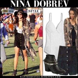 nina dobrev in black button mini skirt white crochet bodysuit and printed kimono at coachella festiv