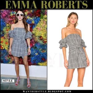 emma roberts in black and white plaid mini dress revolve coachella party april 15 2017 what she wore