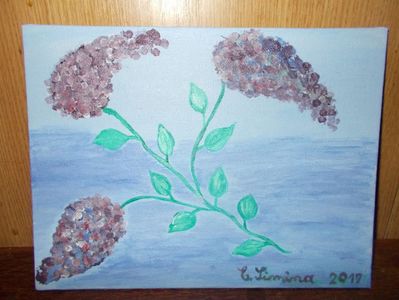 flori de liliac; acrilice pe panza, dimensiune 18/24 cm, pictura realizata de fetita mea de 7 ani
