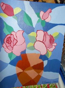 vaza cu flori; acrilice pe panza, dimensiune 24/30 cm, pictura realizata de fetita mea la 7ani
