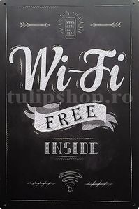 Tablita decorativa Free Wi-Fi; Pret: 30 lei/buc.
Tabla decorativa informativa este confectionata din tabla zincata ce previne rugina, vopsita cu vopsea acrilica rezistenta in stil retro, vintage.

