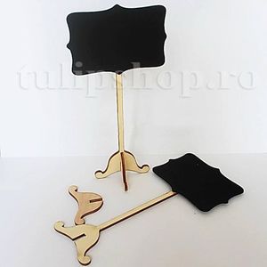 Etichete stativ ornat si tabla de scris (ornat); Pret: 5 lei/buc. Lungime 17 cm Zona scriere 8 cm x 5 cm. Sunt construite din lemn si zona de scris este din vopsea vinilica ce imita tabla de scris, ce poate fi scrisa cu creta.
