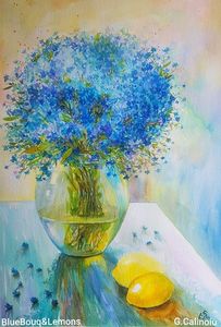Blue Bouquet and Lemons; Pictura flori si lamai
