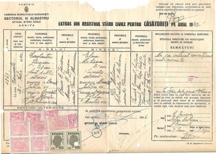 1940.07.25 BUC., C.SI EL.ZAINESCU, EXTRAS REG.ST.CIV.P.CASATORITI, 1946