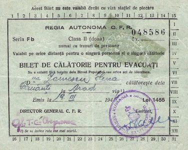 1944.03.19 CERNAUTI, BILET CFR P. EVACUATI