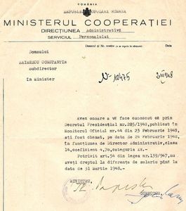 1948.03.02 BUC., NR.10475, C.ZAINESCU DIRECTOR IN MIN.COOPERATIEI, DECRET 285, M.OF.44 DIN 1948.02.2