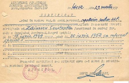 1949.06.15-1952.06.30 C.ZAINESCU REFERENT SPECIAL II LA CANALUL DUNARE-M.NEAGRA [CERTIF.46012 DIN 29