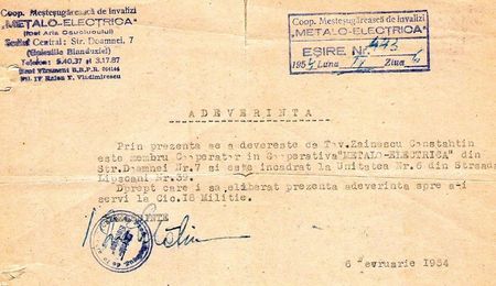 1954.02.06 BUC., C.ZAINESCU MEMBRU COOPERATOR LA COOP.MESTESUGAREASCA DE INVALIZI