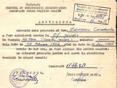 1954.02.27-1958.12.12 BUC., C.ZAINESCU, SEF OFICIU JURIDIC, CONSILIER JURIDIC, TCH C.ZAINESCU