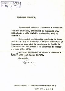 1973.03.22 BUC., C.ZAINESCU, CERERE DE PENSIONARE