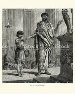 HANIBAL BARCA; Vintage engraving of the Vow of Hannibal. Hannibal (247 to between 183 and 181 BC), fully Hannibal Barca, was a Punic military commander from Carthage, generally considered one of the greatest militar
