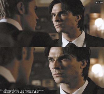 ―  În clipa în care acesta este împins de către Stefan, Damon se vede obligat să facă câți-; va pași în spate involuntari cât să își poată recăpăta echilibrul, nările lărgindu-i-se atunci când pufnește ca un impuls creat de nervii pe care-i resimțea în aceste momente, în timp ce
