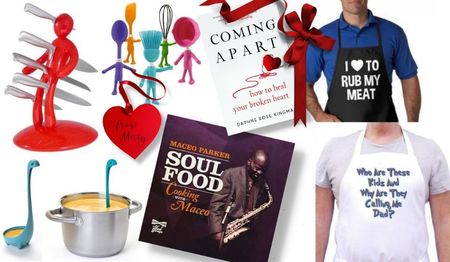 Penn received a bunch of new friends to help him in the kitchen, two aprons, a vinyl to put on while; cooking and a book to deal with his broken heart. :[ All from his bff Matty &lt;3.
