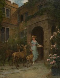 Lady in a garden with deer by Arthur Wardle (English, 1864–1949)