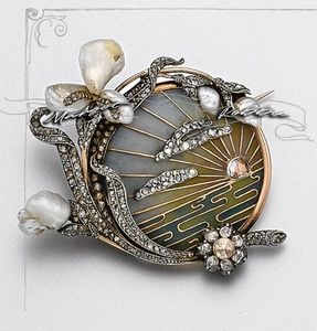 and an Art Nouveau plique-à-jour enamel, diamond and pearl brooch; the tender; setting sun reminds me of your gold hair locks.
