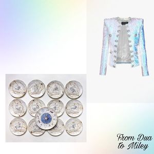Dua got Miley an iridescent sequin jacket, cause she sparks just like it under neon lights;; furthermore, she got her a set of plates of the zodiac signs, cause she noticed her little passion for the astrological field.
