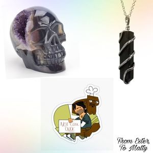 Ester went reading and got Matty an amethyst skull (amethyst crystals help you open your; third eye) and a black tourmaline necklace (said to absorb negative energies and clean you and your environment), with a funny Total Drama themed sticker with his character.
