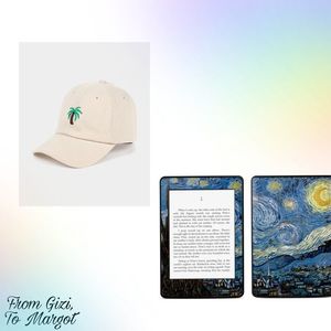 Gizi got Margot a palm tree cap, to protect her from the sun when she goes into hiding behind; other palm trees (that she will not knock down, hopefully) and an ebook with a Starry Night cover, hoping she would stop spying on people and start doing something more educative.
