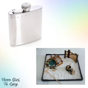 Gizi got Lucy this encrusted silver flask with her name engraved on the bottom of it, in case; of rainy days, both figuratively and literally, as well as this miniature Japanese zen garden, for her to grind when.. people get on her nerves.
