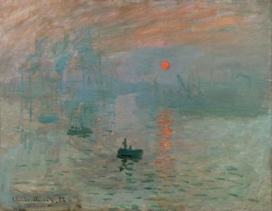 Claude Monet - Impression, soleil levant (Impresie, răsărit de soare), 1872; Claude Monet - Impression: Soleil levant (Impresie: Răsărit de soare), 1872, ulei pe pânză, 48 cm × 63 cm (18.9 in × 24.8 in) - Musée Marmottan Monet, Paris.
