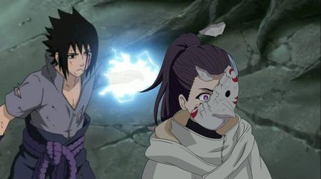 Kiyoko and Sasuke meet again; her mask shattered when trying to dodge his attack
