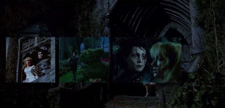 Edward Scissorhands, dir. by Tim B., 3★.　　　Edward, a man created with scissor hands, is discovered; living alone in a mansion, by a woman who takes him to a suburban community, where he struggles to fit in as he experiences love, kindness and prejudgement.
