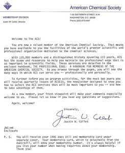 Washington, Scrisoare de bun venit în ACS; De la Justin W. Collat (director), iulie 1986
