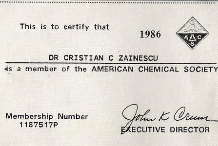 Carte de membru al American Chemical Society, iulie 1986; Washington
