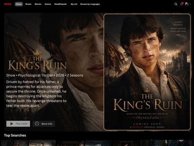 ⸺ 4,1 ⭐ | King’s Ruin | Genre: Psychological Thriller  | Starring: Tom Welling  ⸺; 　　　　　　
A prince driven by hatred for his father marries only to seize the throne, and once crowned, unleashes a destructive revenge that threatens to tear the entire realm apart.
