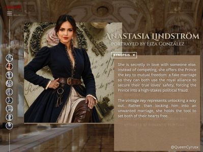 ⸺  2.81 ⭐ The Reluctant Ally  ⸺; 　　　　　　
　　　　　　@QueenCyrusx
　　　　　　Anastasia Lindström
　　　　　　portrayed by Eiza González
