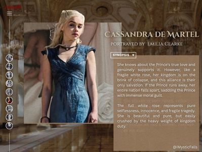⸺  3 ⭐ The Tragic Martyr  ⸺; 　　　　　　
　　　　　　@iMysticFalls
　　　　　　Cassandra de Martel
　　　　　　portrayed by  Emilia Clarke
