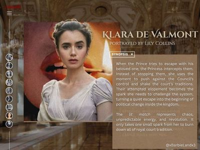 ⸺ 3.06 ⭐ The Wildcard Rebel ⸺; 　　　　　　
　　　　　　@xBarbieLandx3
　　　　　　Klara de Valmont
　　　　　　portrayed by Lily Collins
　　　　　　
