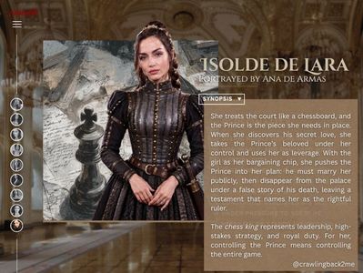 ⸺ 3.25 ⭐ The Warrior Strategist ⸺; 　　　　　　
　　　　　　@crawlingback2me
　　　　　　Isolde de Lara
　　　　　　portrayed by Ana de Armas
