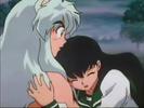 Kagome hugging Inuyasha in his half demon form