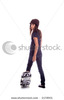 stock-photo-young-skater-girl-riding-on-a-skate-board-wearing-jeans-a-blue-shirt-and-brown-brimmed-k